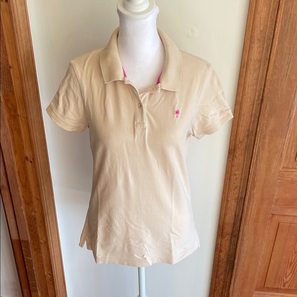LILLY PULTIZER Women's Cream Button Down Polo Shirt Pink Accents Pink Label M